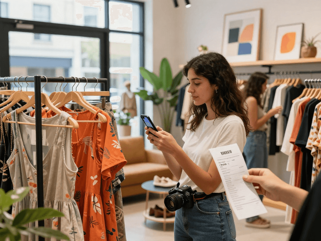 Woman shopping for fashion items at boutique showcasing bro138 products, colorful apparel and warm lighting.